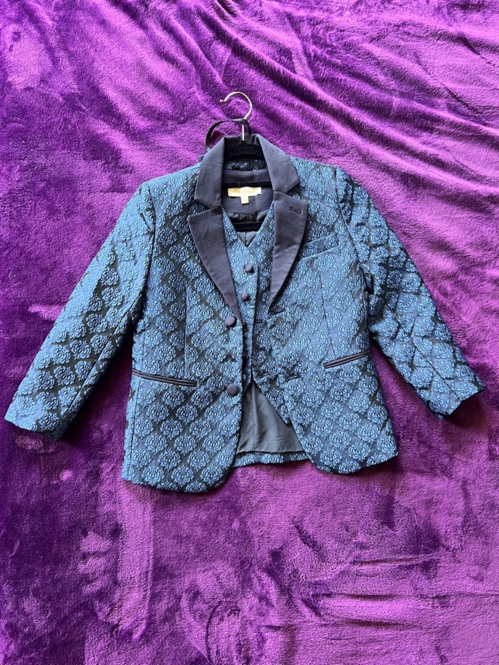 Boys' Blue Brocade Blazer with Matching Vest and Bow Tie Size 8